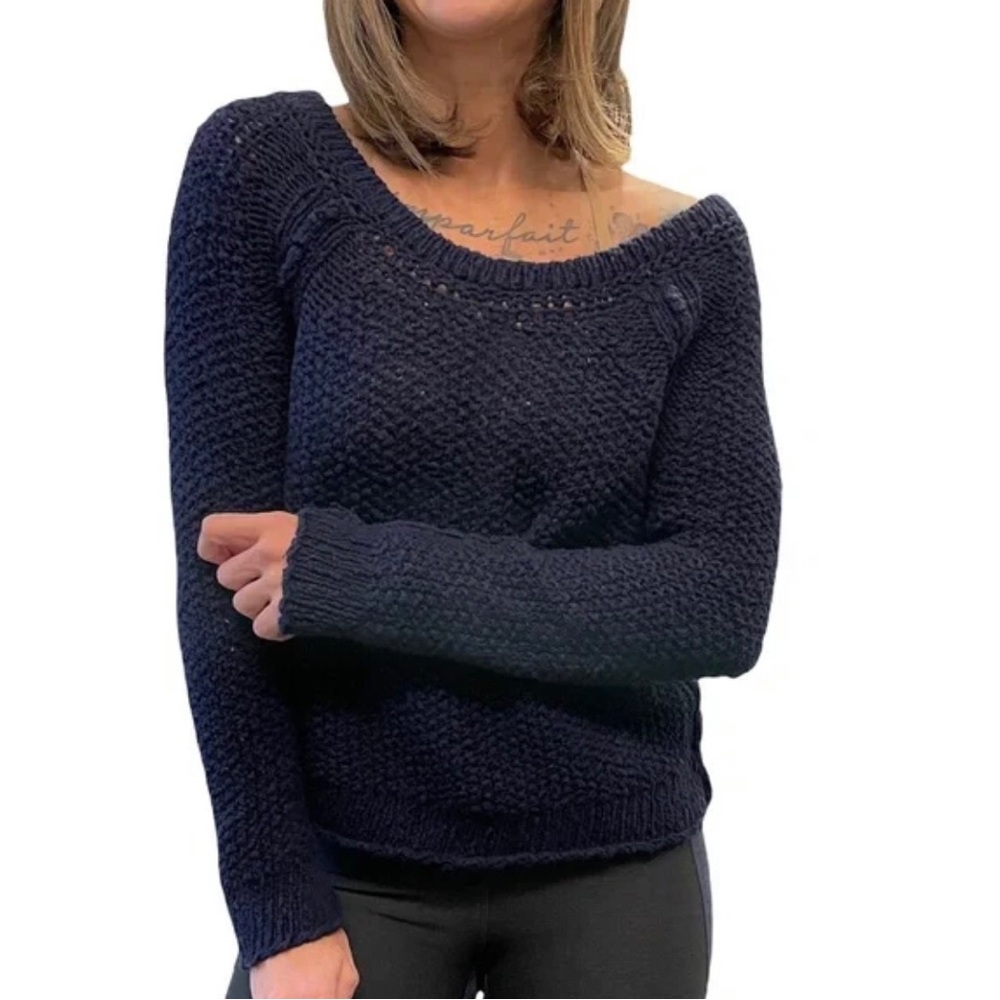 Free People Wide Neck Navy Sweater Open Knit size Small